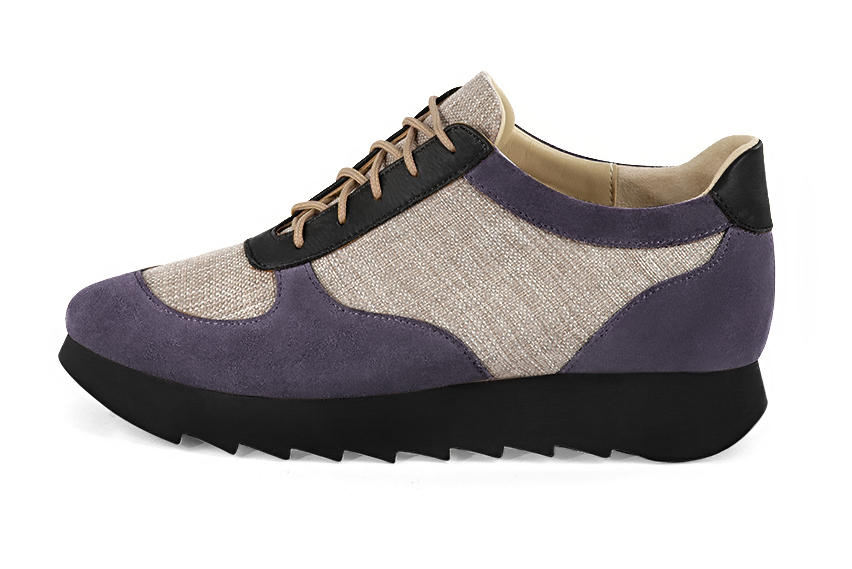 Women's lavender purple and satin black elegant sneakers. Round toe. Thick rubber soles - Profile view